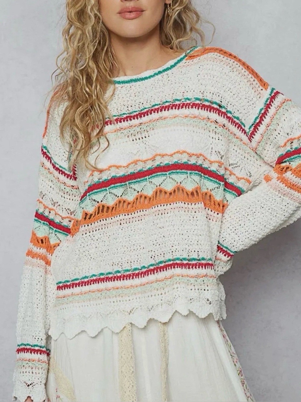 POL Boho Crochet Stripe Sweater in White with Orange & Teal Size large